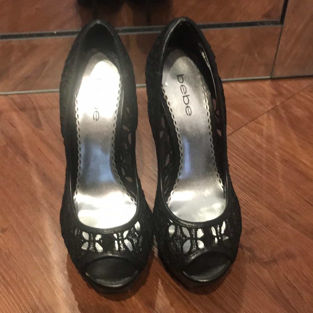 Like New Bebe Black Lace Stilettos Size 8
